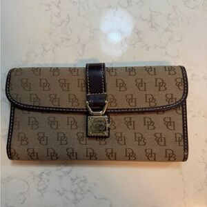 Dooney & Bourke Vintage Brown Canvas with Leather Trim Bifold Wallet Gold Buckle